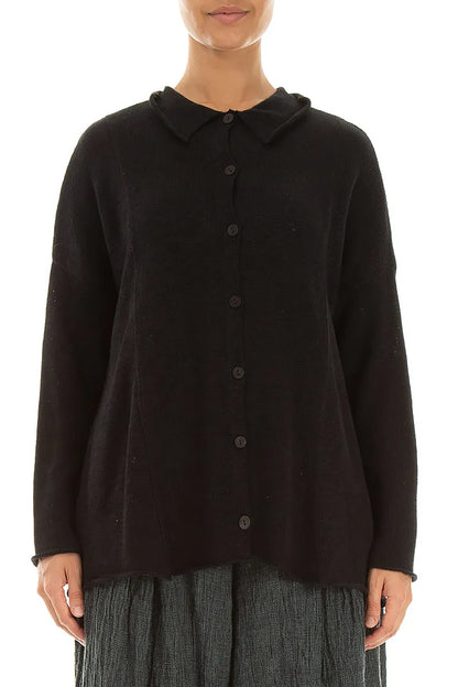 Raw Collar Black Linen Cardigan 1