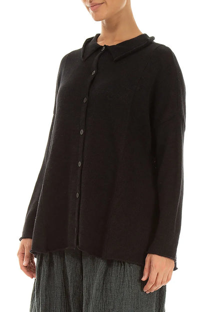 Raw Collar Black Linen Cardigan 3