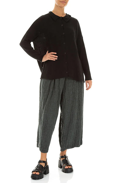 Raw Collar Black Linen Cardigan 4