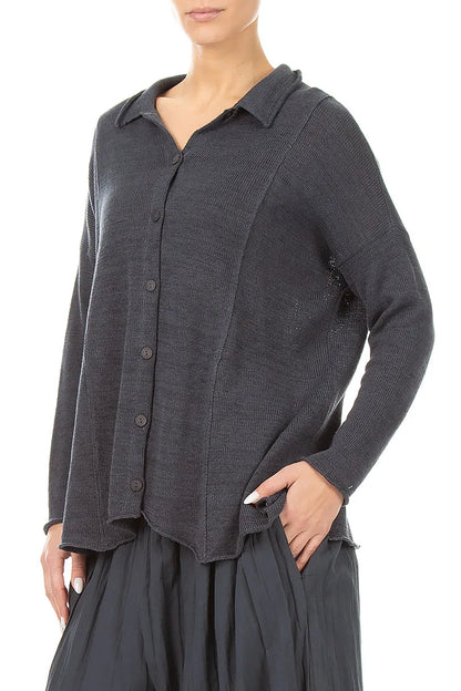 Raw Collar Graphite Linen Cardigan 3