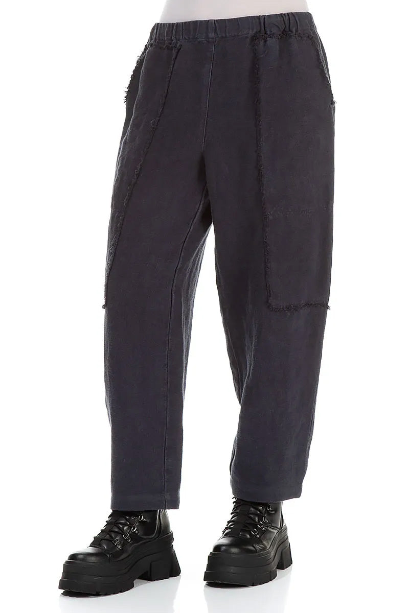 Raw Edge Pockets Slate Blue Heavy Linen Trousers 3