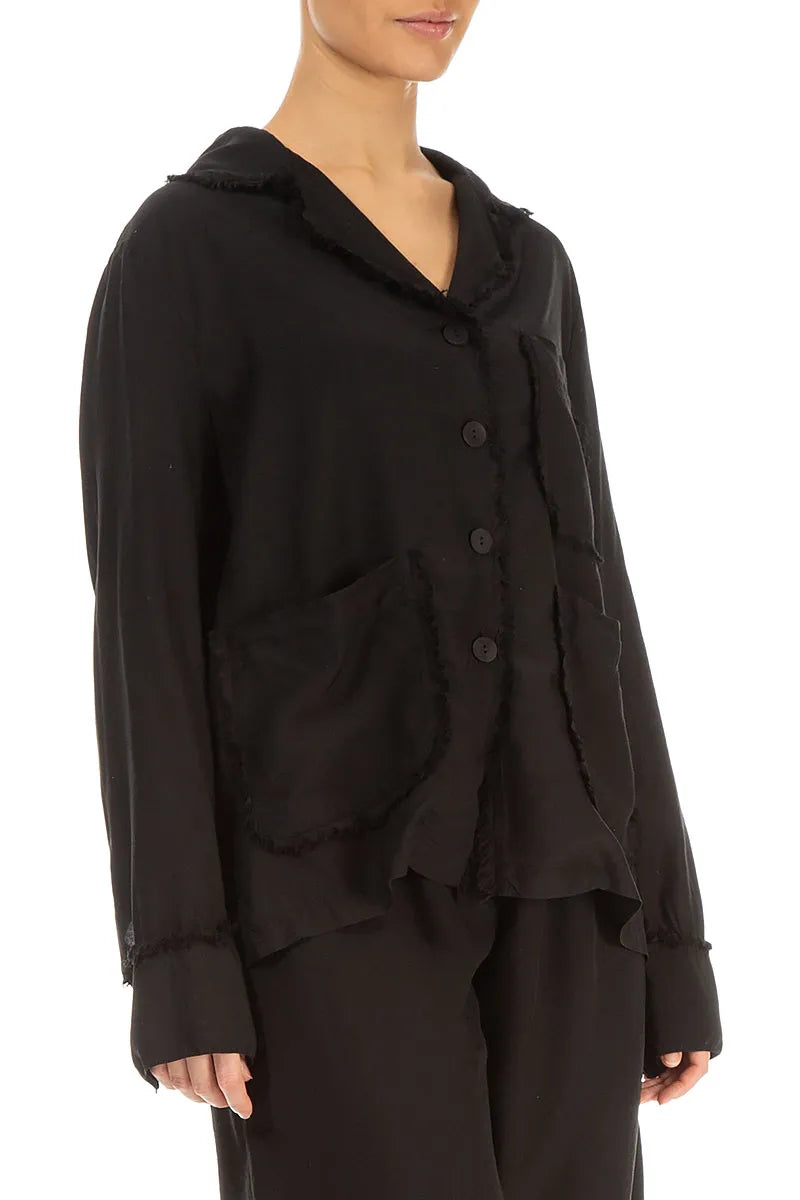 Raw Edge Three Pockets Black Silk Bamboo Jacket 3