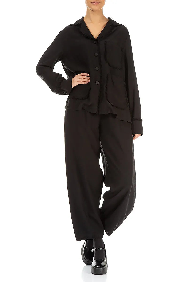 Raw Edge Three Pockets Black Silk Bamboo Jacket 4