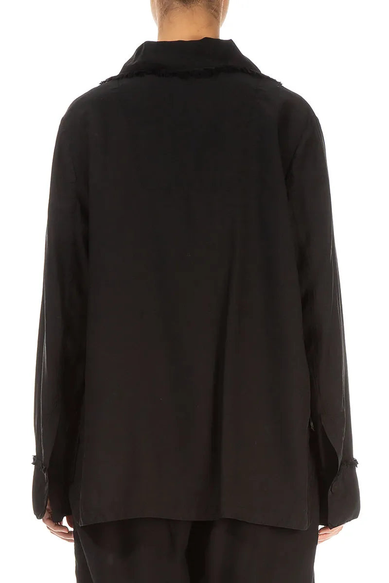 Raw Edge Three Pockets Black Silk Bamboo Jacket