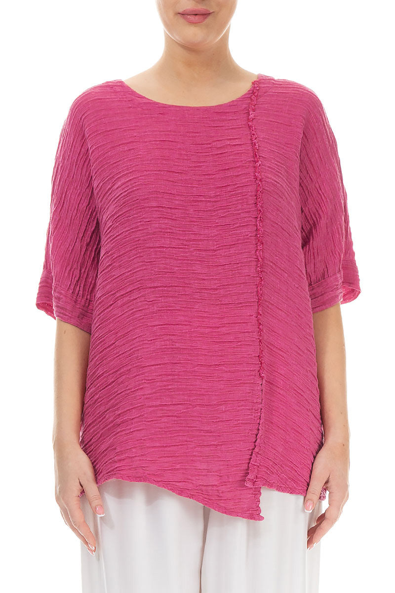 Raw Seam Crinkled Fuchsia Silk Blouse 1