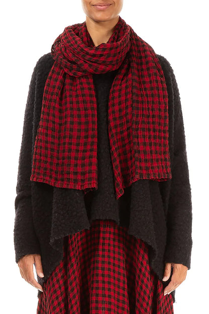 Red Check Gauze Linen Scarf 1
