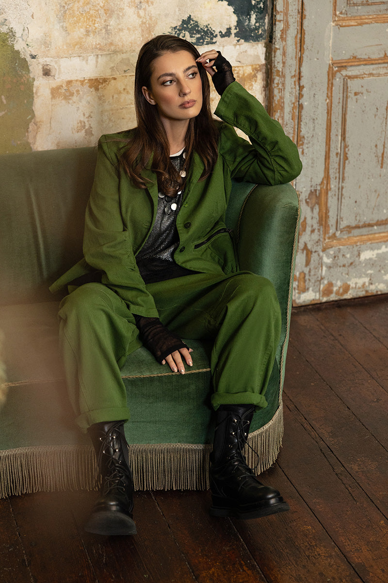 Relaxed Barrel Shamrock Green Denim Cotton Trousers 8