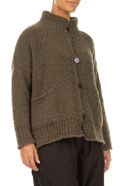 Relaxed Buttoned Moss Brown Alpaca Wool Cardigan 3
