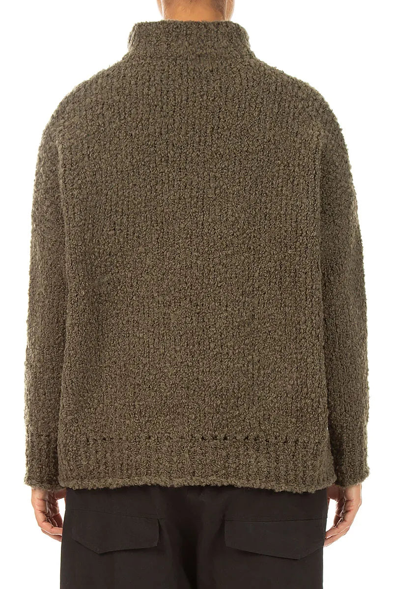 Relaxed Buttoned Moss Brown Alpaca Wool Cardigan 2