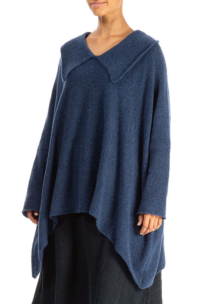 Relaxed Collar Blue Wool Sweater