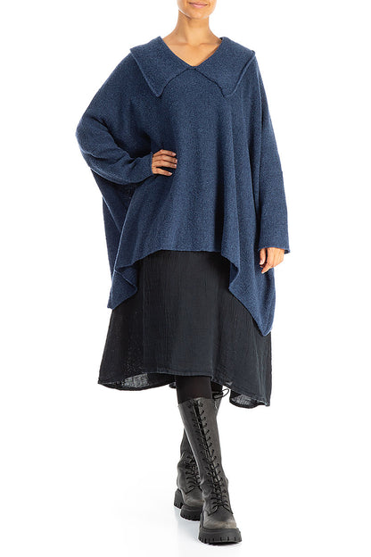 Relaxed Collar Blue Wool Sweater