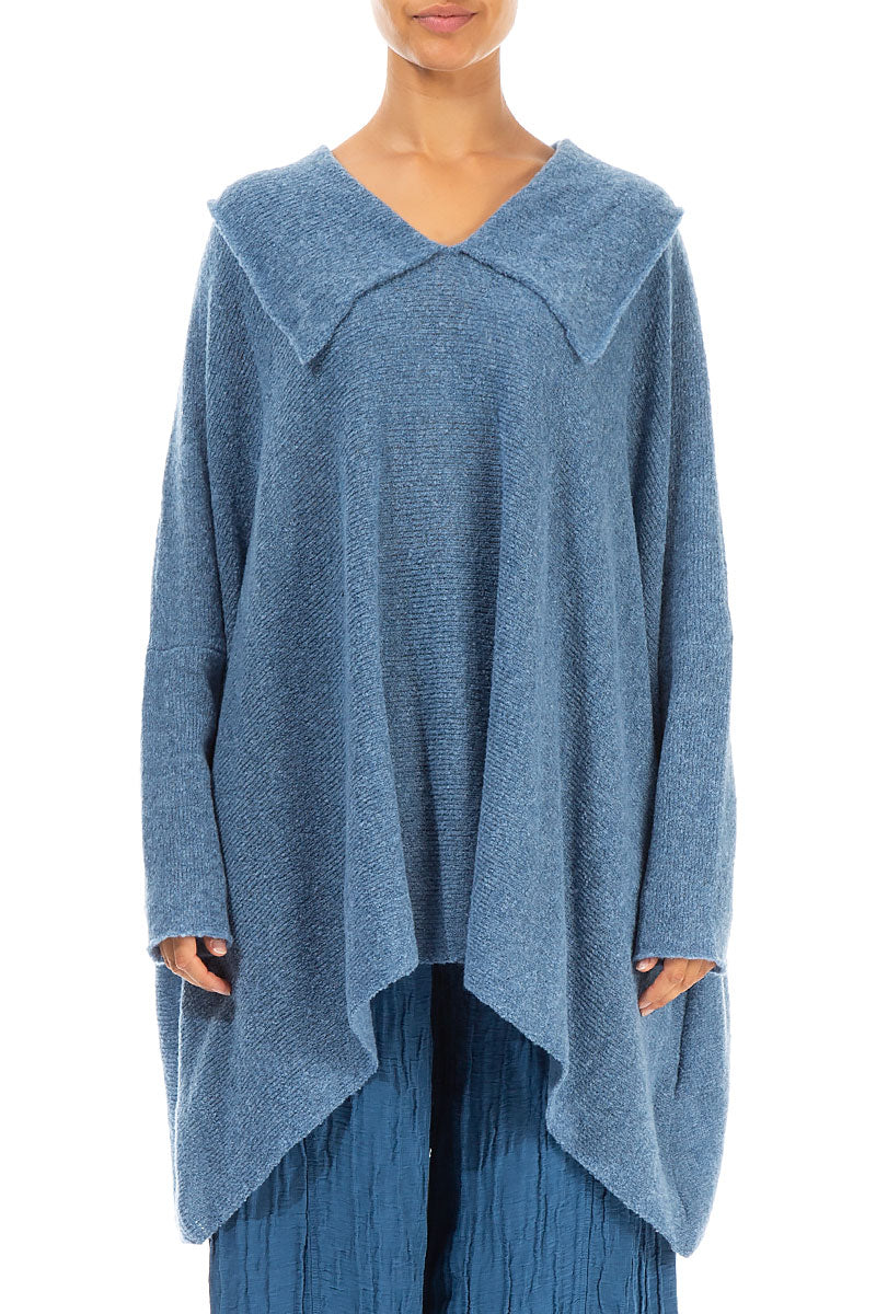 Relaxed Collar Petrol Blue Wool Sweater