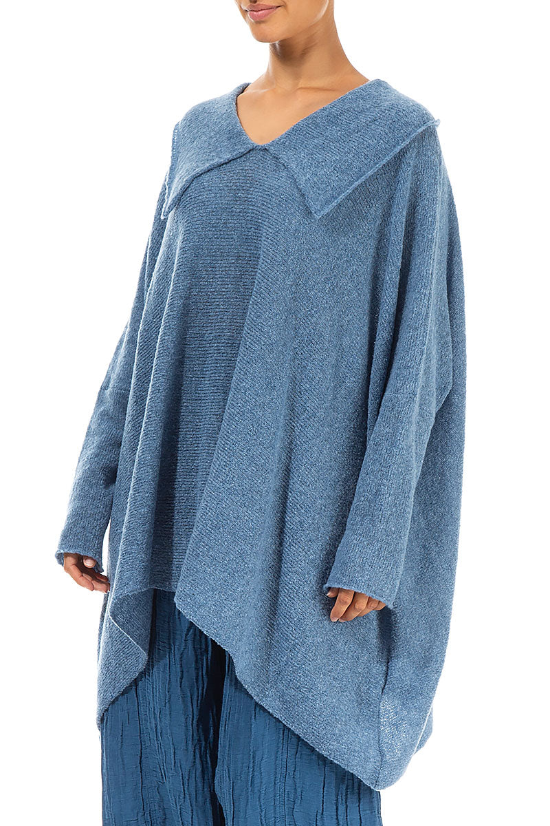 Relaxed Collar Petrol Blue Wool Sweater