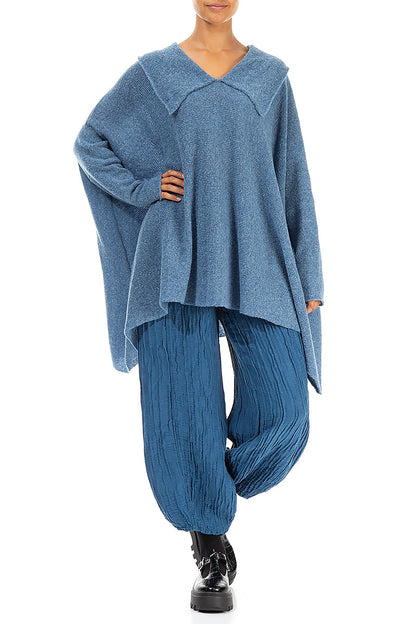 Relaxed Collar Petrol Blue Wool Sweater