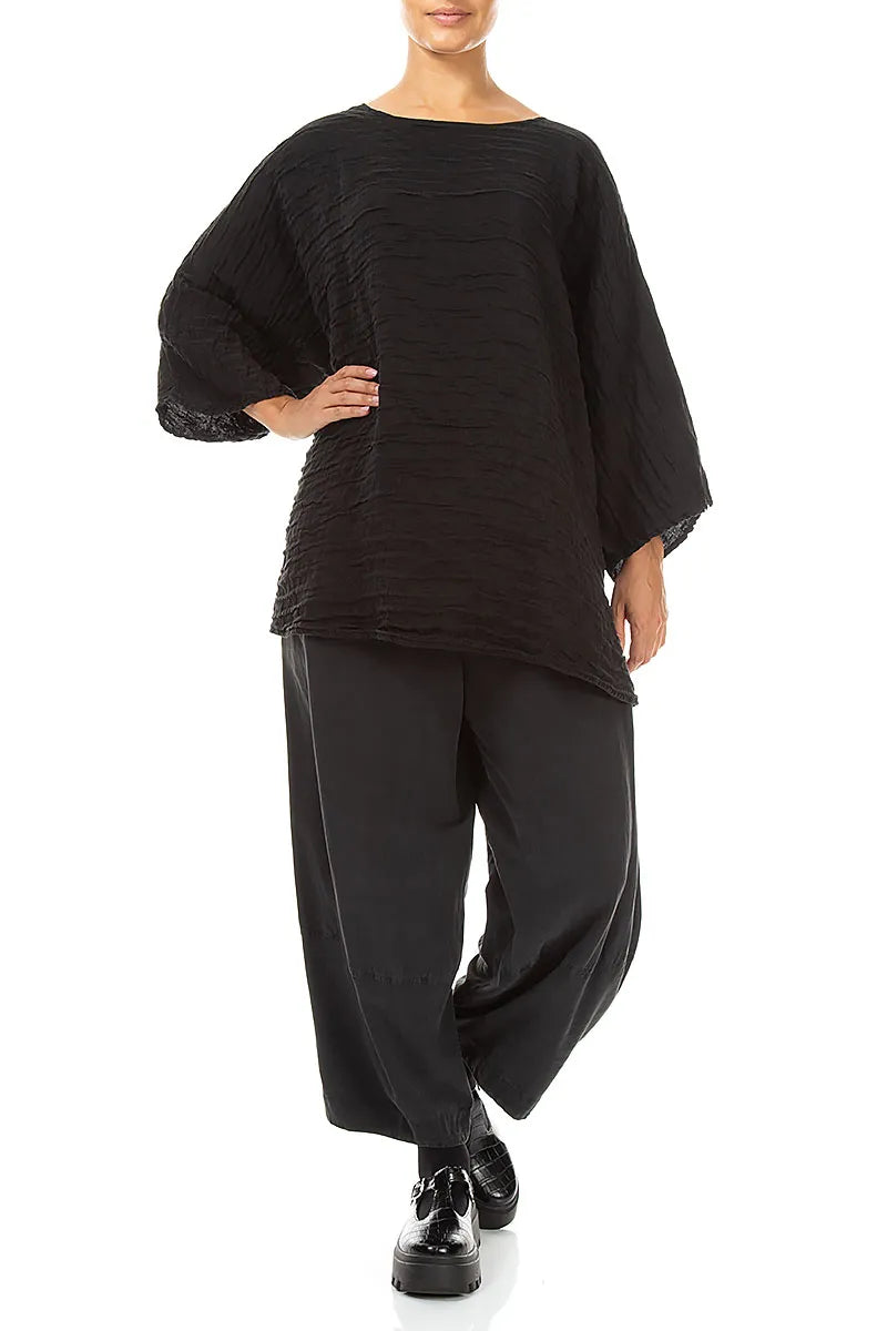 Relaxed Crinkled Black Silk Linen Blouse 4