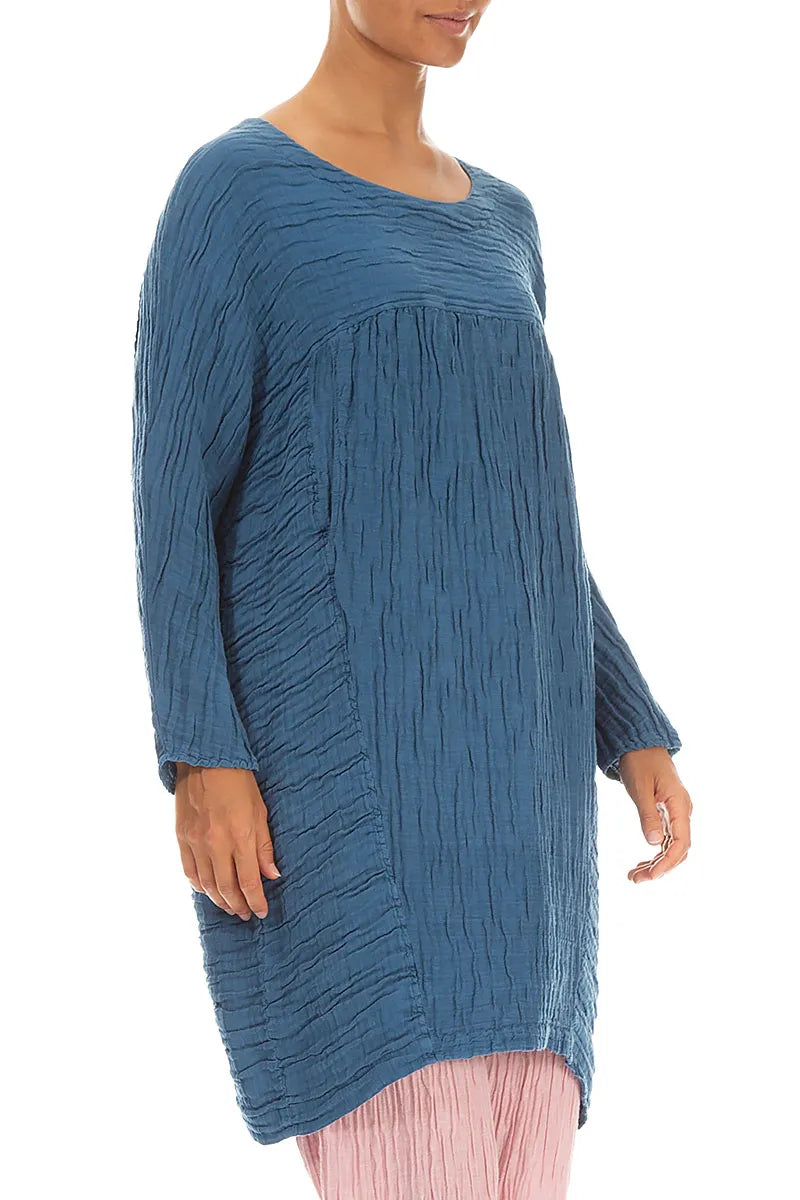 Legere geknitterte Tunika aus Denim-Blau Seide-Leinen-Mix