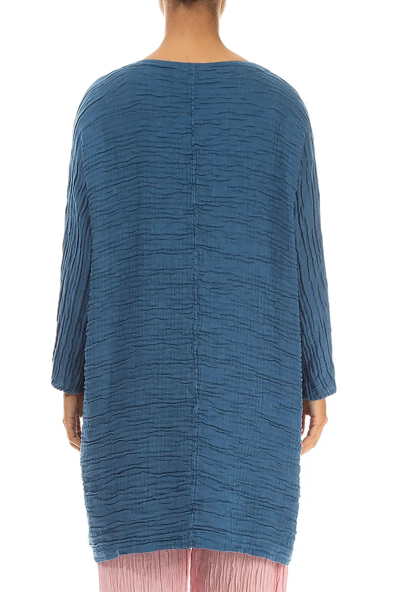 Legere geknitterte Tunika aus Denim-Blau Seide-Leinen-Mix