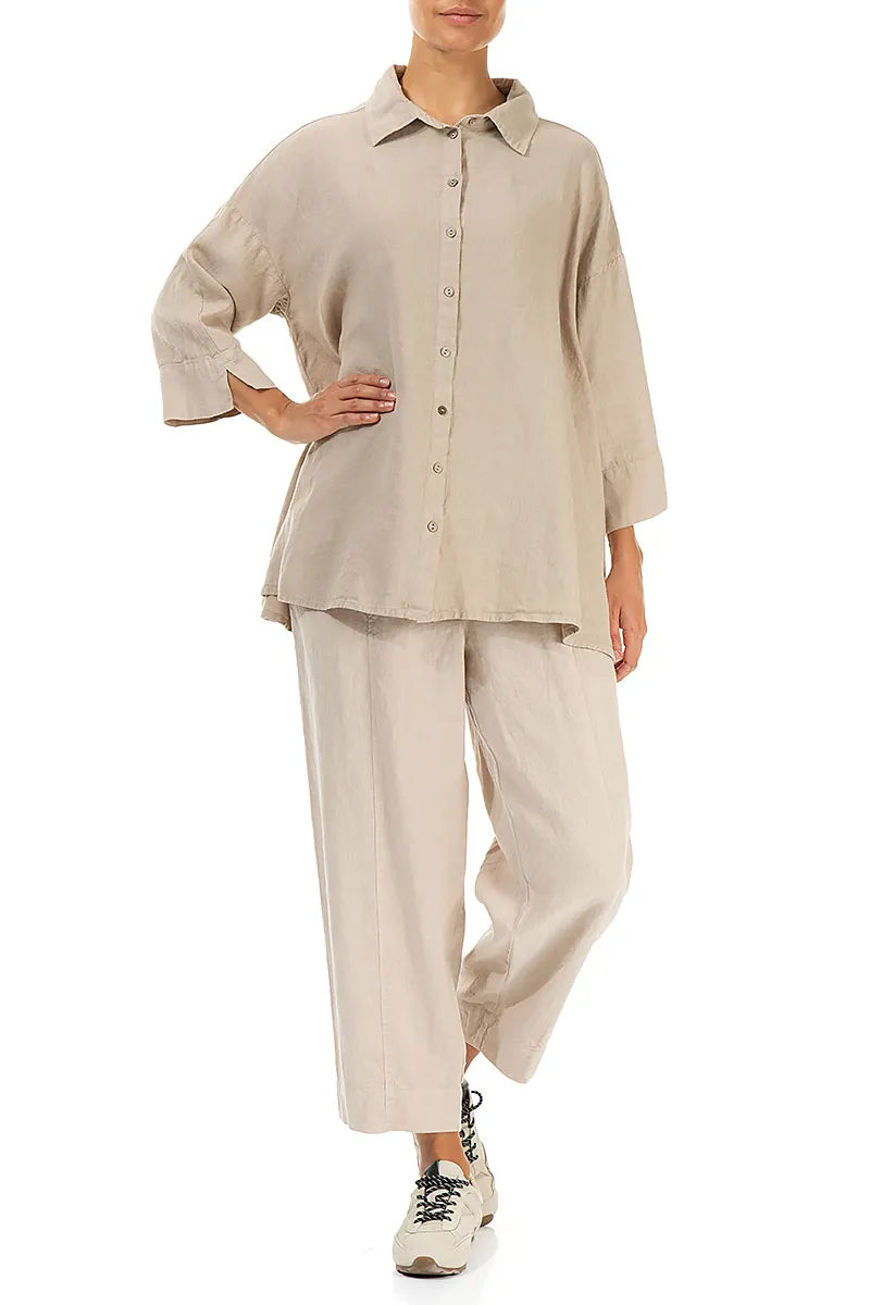 Relaxed Taper Beige Linen Trousers 4