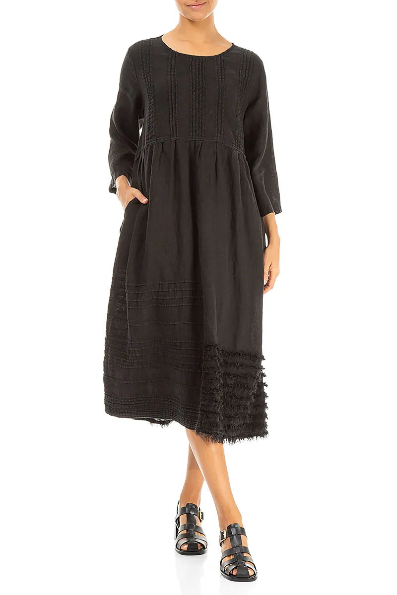 Robe en lin noir décontractée à plis plats