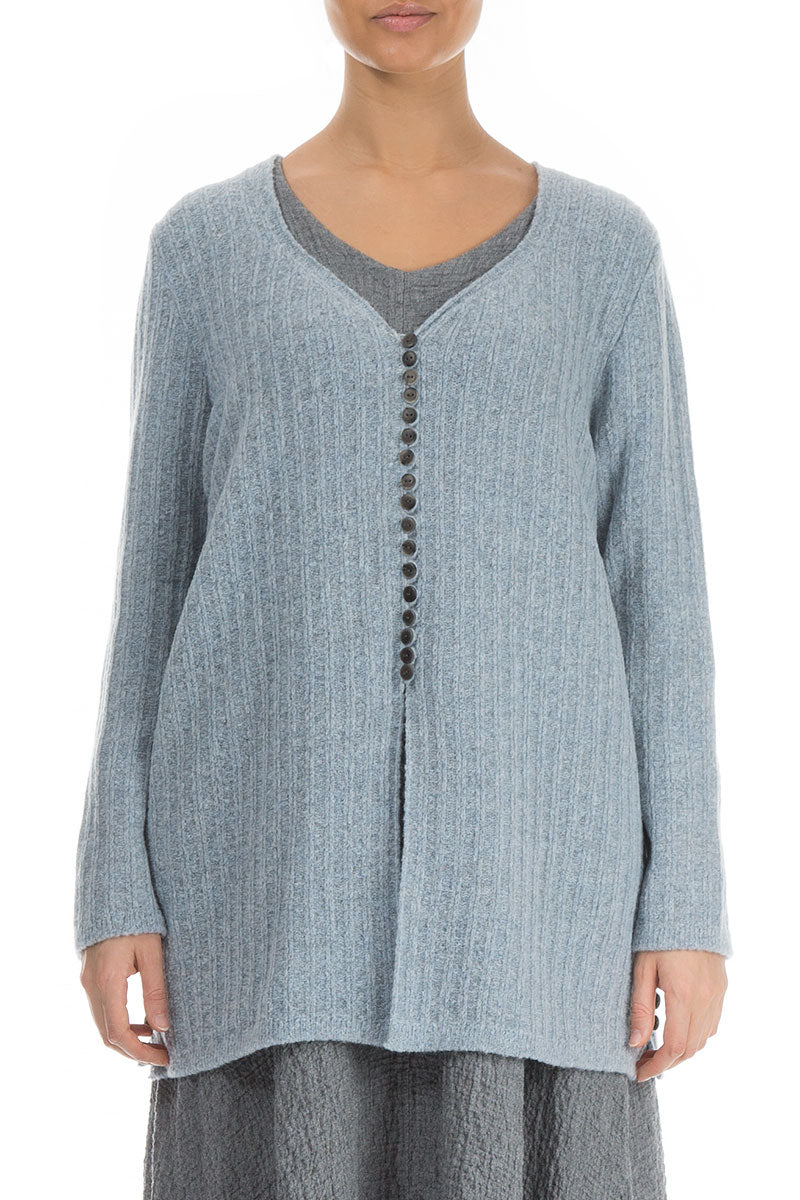 Arctic Blue Rib Knit Wool Cardigan