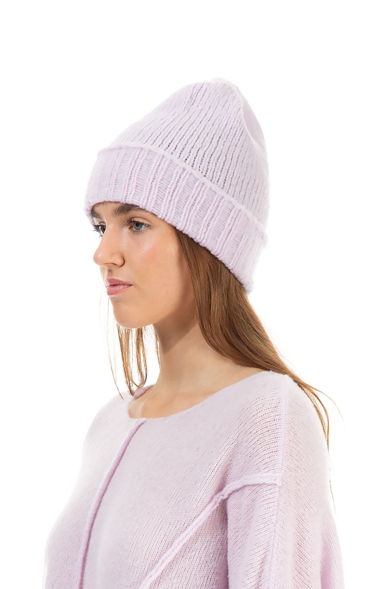 Ribbed Cuff Light Pink Wool Beanie Hat