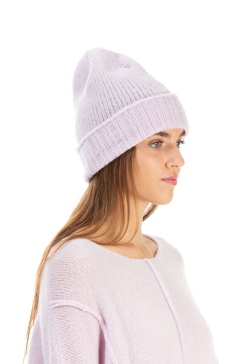 Ribbed Cuff Light Pink Wool Beanie Hat