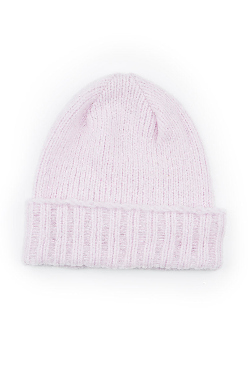 Ribbed Cuff Light Pink Wool Beanie Hat