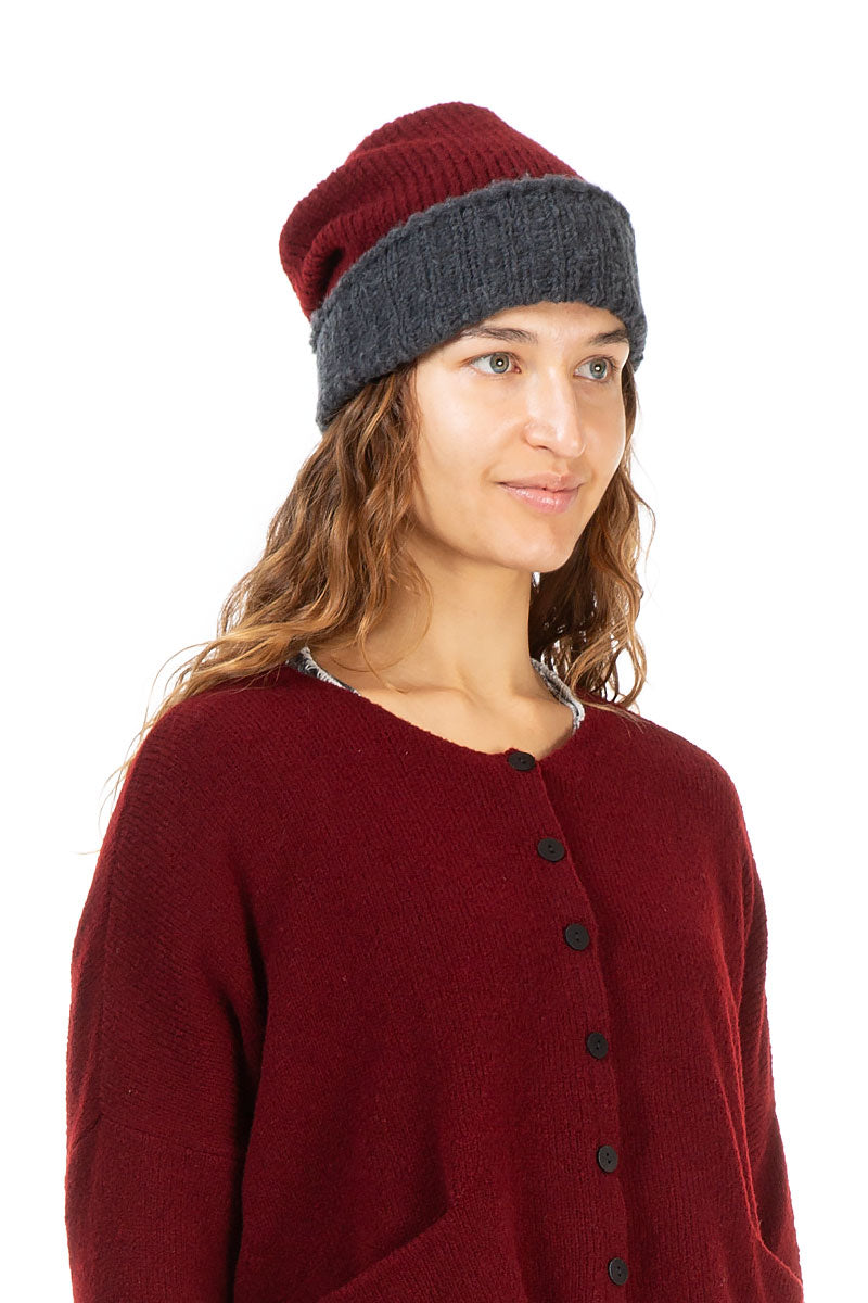 Ribbed Dual Maroon Wool Beanie Hat