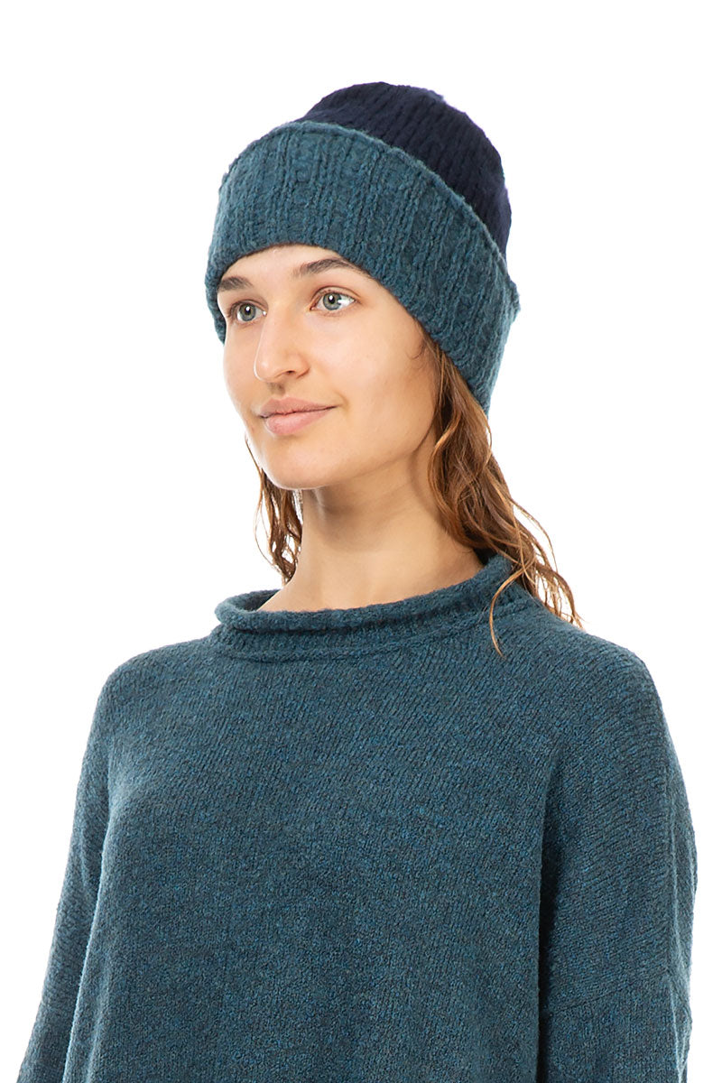 Ribbed Dual Midnight Blue Wool Beanie Hat