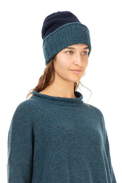 Ribbed Dual Midnight Blue Wool Beanie Hat