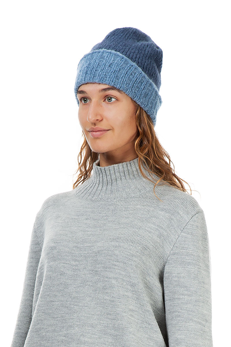 Ribbed Dual Petrol Blue Wool Beanie Hat