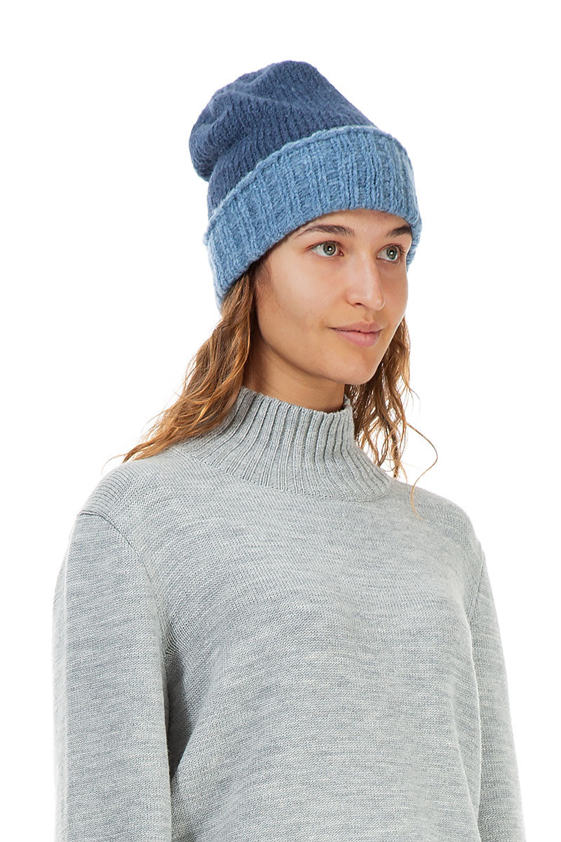 Ribbed Dual Petrol Blue Wool Beanie Hat