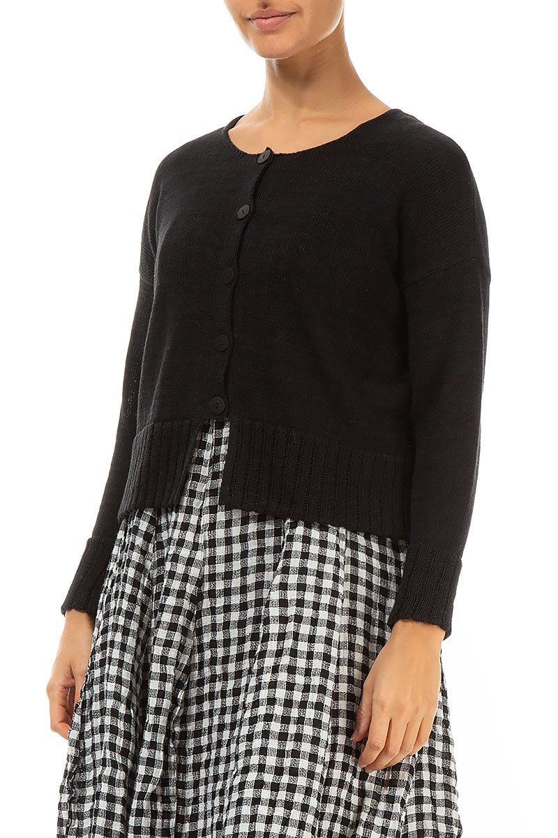 Ribbed Hem Black Linen Cardigan 3