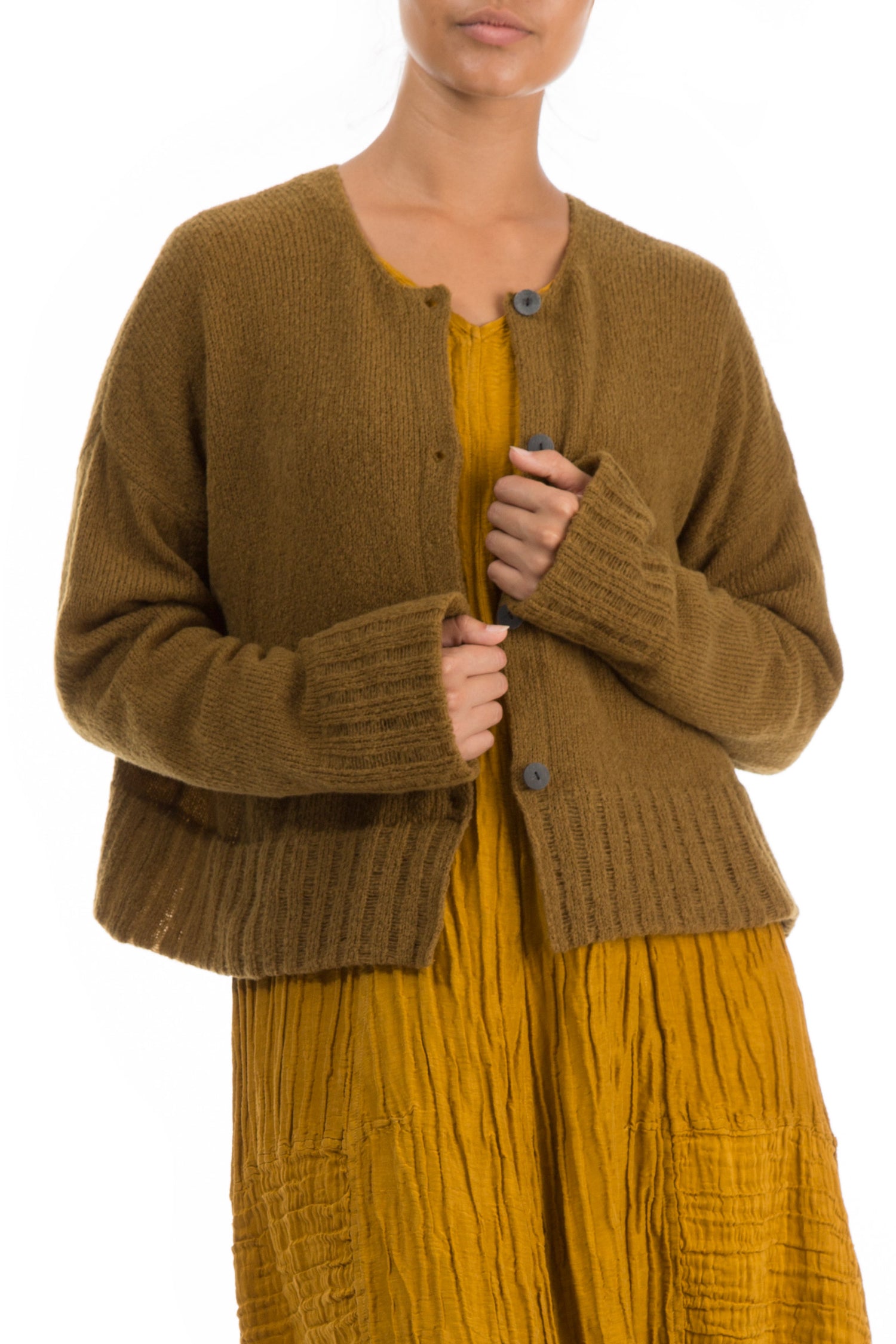 Ribbed Hem Mustard Wool Cardigan