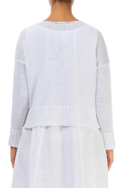 Ribbed Hem White Linen Cardigan 2