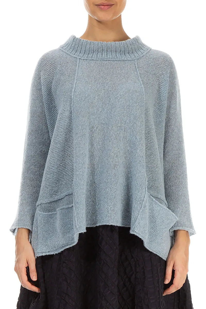 Ribbed Neck Silver Blue Wool Sweater 1