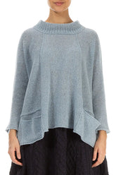 Ribbed Neck Silver Blue Wool Sweater 1