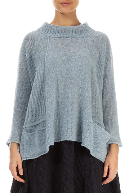 Ribbed Neck Silver Blue Wool Sweater 1