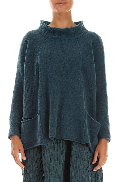 Pull en laine bleu sarcelle à col côtelé