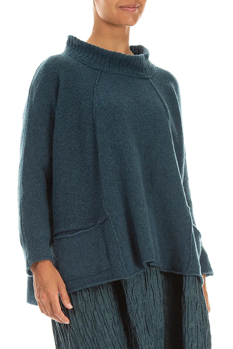 Pull en laine bleu sarcelle à col côtelé
