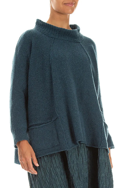 Pull en laine bleu sarcelle à col côtelé