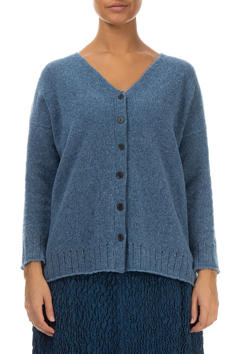 Ribbed V-Neck Petrol Blue Wool Cardigan