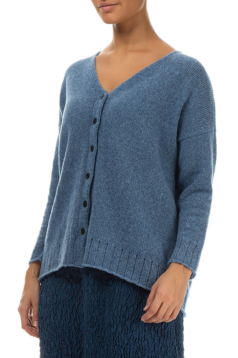 Ribbed V-Neck Petrol Blue Wool Cardigan