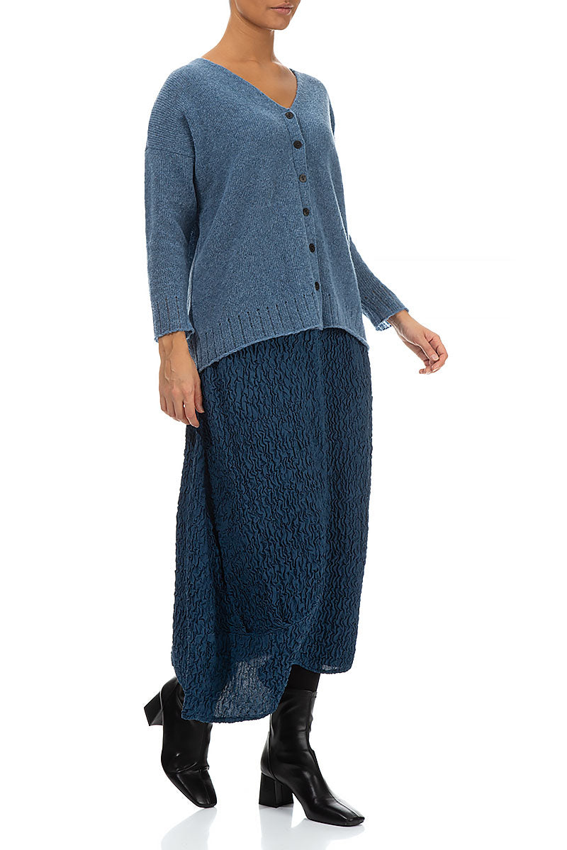 Ribbed V-Neck Petrol Blue Wool Cardigan