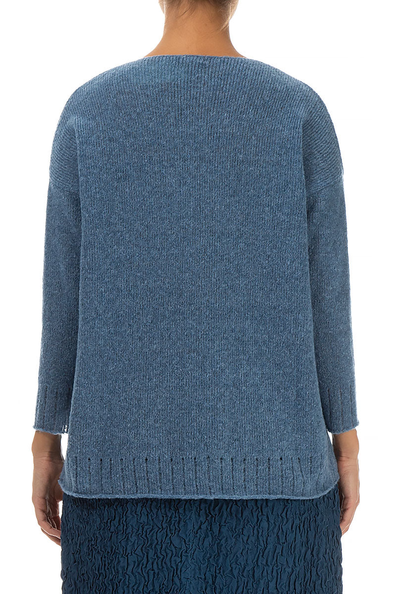 Ribbed V-Neck Petrol Blue Wool Cardigan