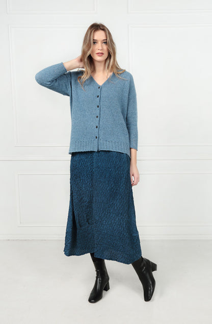 Ribbed V-Neck Petrol Blue Wool Cardigan