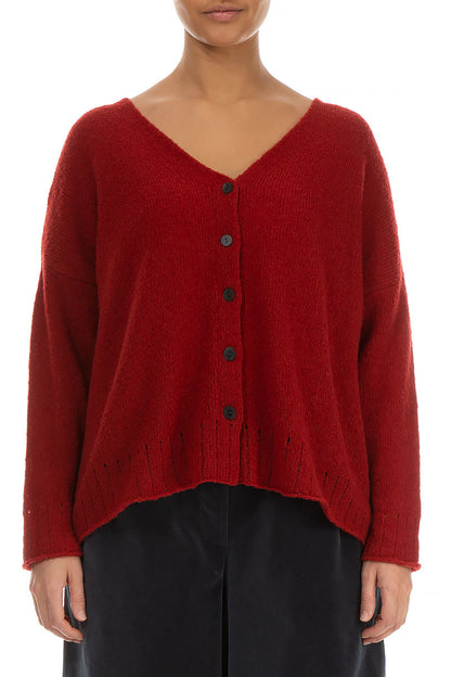 Ribbed V-Neck Red Wool Cardigan