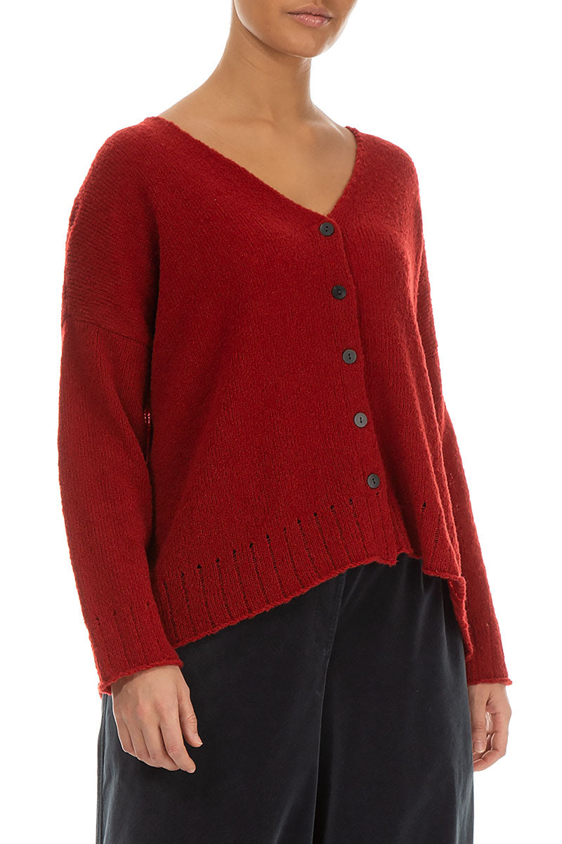 Ribbed V-Neck Red Wool Cardigan