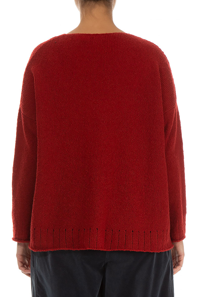 Ribbed V-Neck Red Wool Cardigan