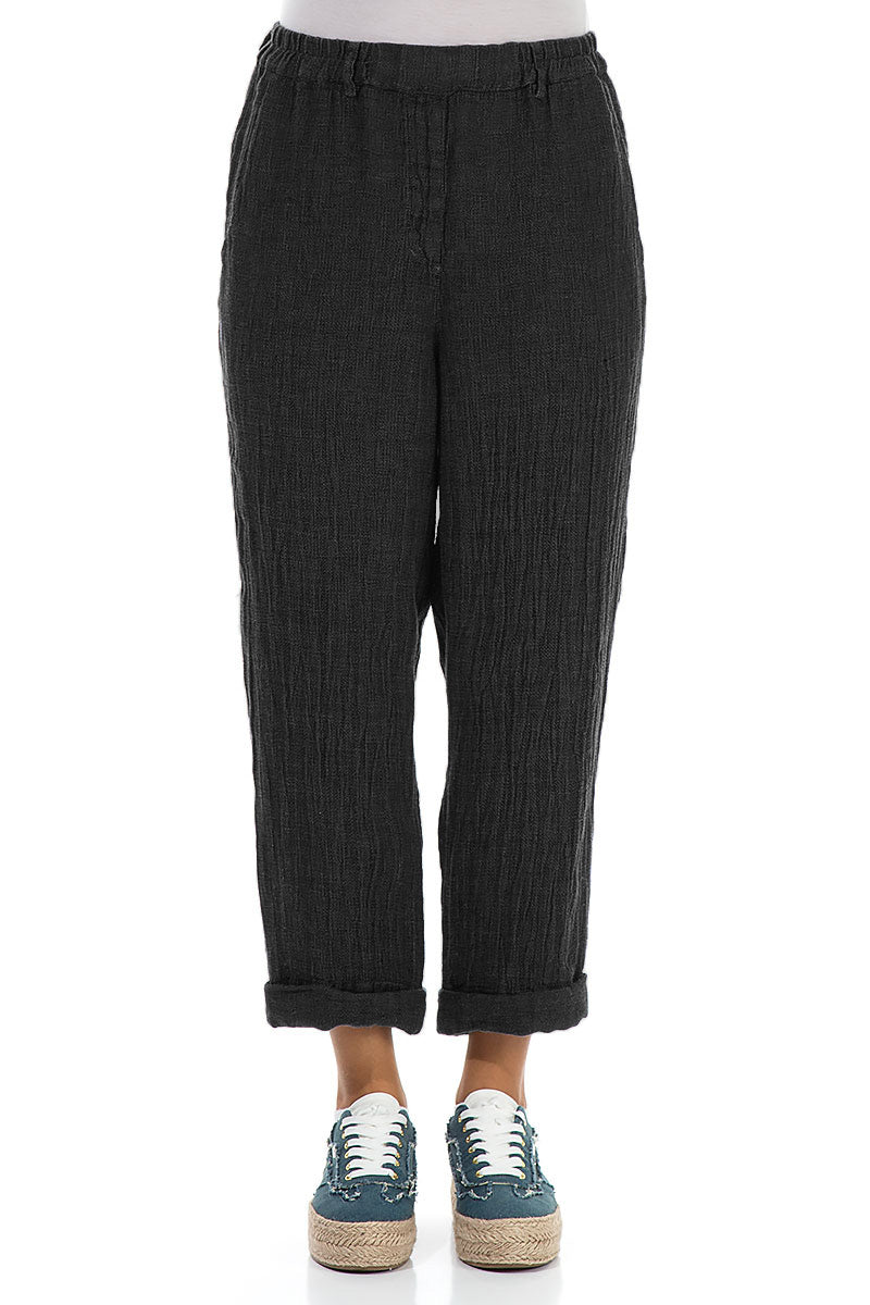 Roll Up Black Mélange Linen Trousers 1
